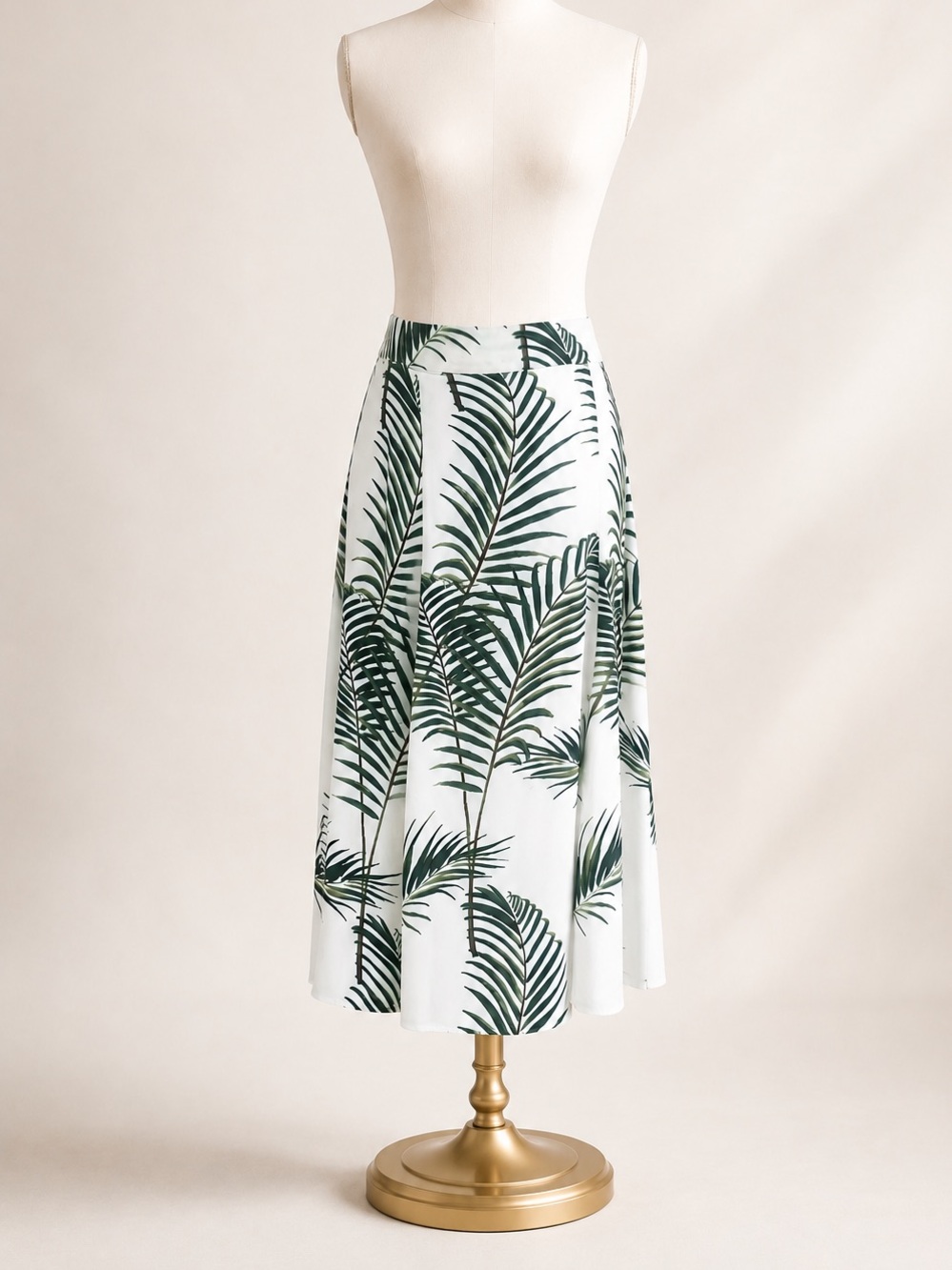 Tropical Palm Print Midi Skirt White Green A-Line Flowy Resort Coastal Size 8